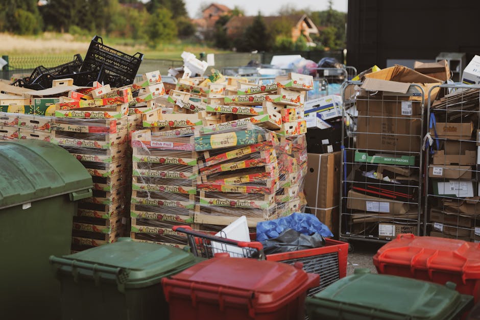 A large outdoor area featuring a significant accumulation of stacked cardboard boxes containing fresh fruit products, identifiable by colorful labels and printed graphics. The boxes are arranged in several neat columns, with some slightly leaning or overlapping, positioned on a gravel surface with visible texture. To the left, a green wheeled bin with a closed lid is partially in view, while in front of the stacks there are smaller red and green plastic waste bins with secure lids. On the right side, metal wire racks loaded with brown cardboard boxes, some open and showing their contents, are present, along with additional packaging materials such as paper and plastic. A blue tarp and a few scattered items are also visible among the waste, suggesting ongoing disposal or collection activity. The background features a residential area with trees, houses, and a clear sky, indicating a suburban environment. The scene, captured during daylight, reflects a typical setup for waste or recycling collection, possibly organized by a private disposal service, aligning with the context of independent rubbish removal and on-site clearance work.